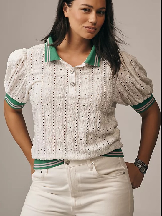 Anthropologie Tops - Anthropologie Maeve Puff Sleeve Lace Polo in White Green Size Medium New Tag